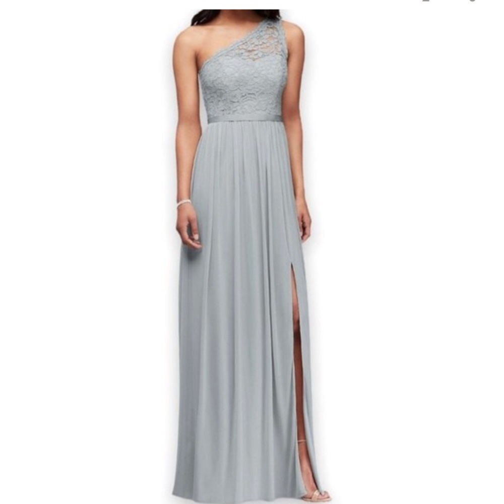 Navy one-shoulder, lace top bridesmaid dress